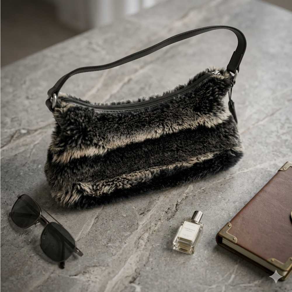 Old Navy Faux Fur Crossbody Bag in Black and Gray